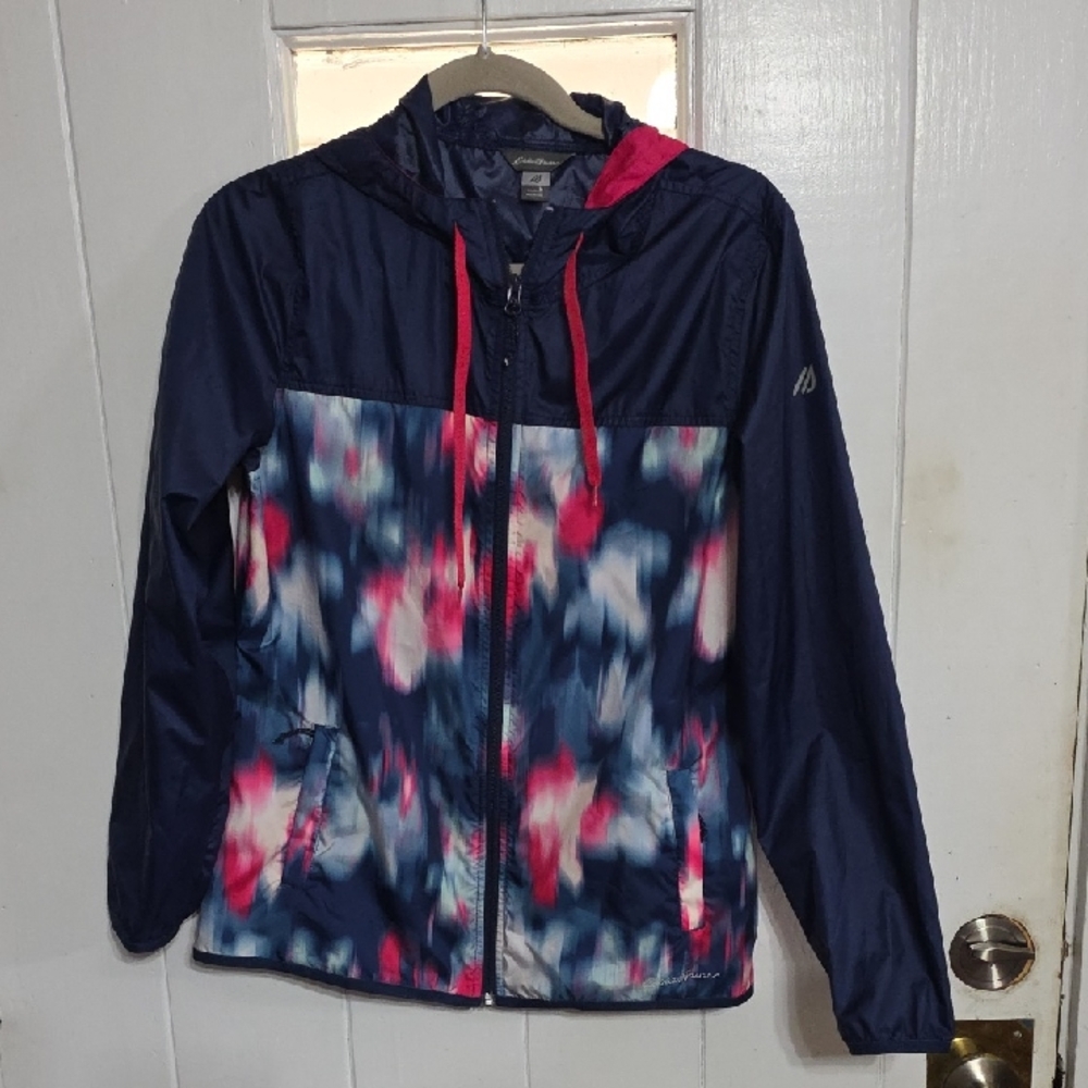 Eddie Bauer Women's Windbreaker Jacket Hooded Navy/Pink Zips Pockets Sz M EUC